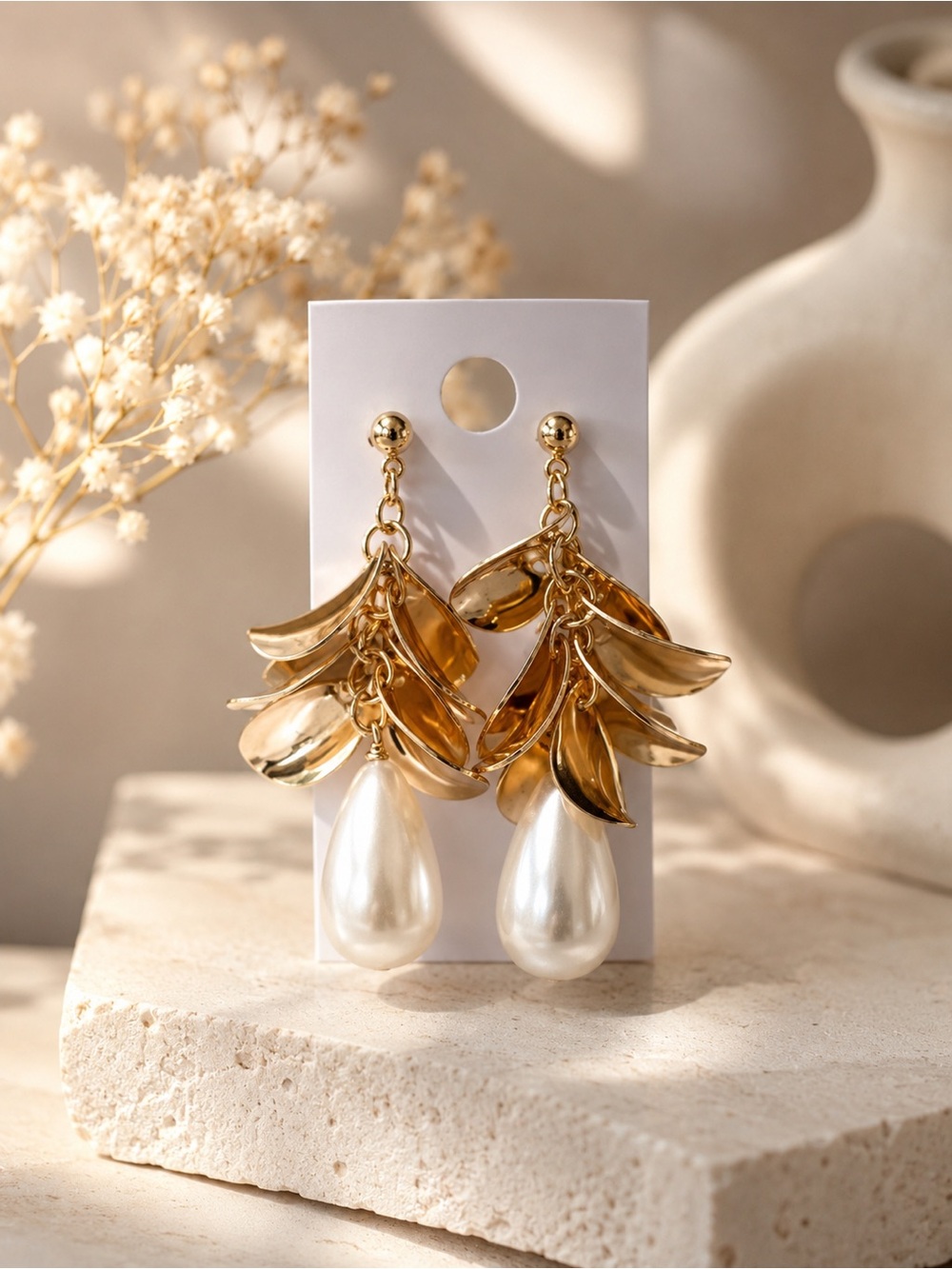 Gold Leaf Drop Earrings with Pearl Teardrops